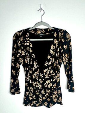 Lauren Ralph Lauren Gold Floral Surplice Wrap Stretch Jersey Top Preppy Sz M